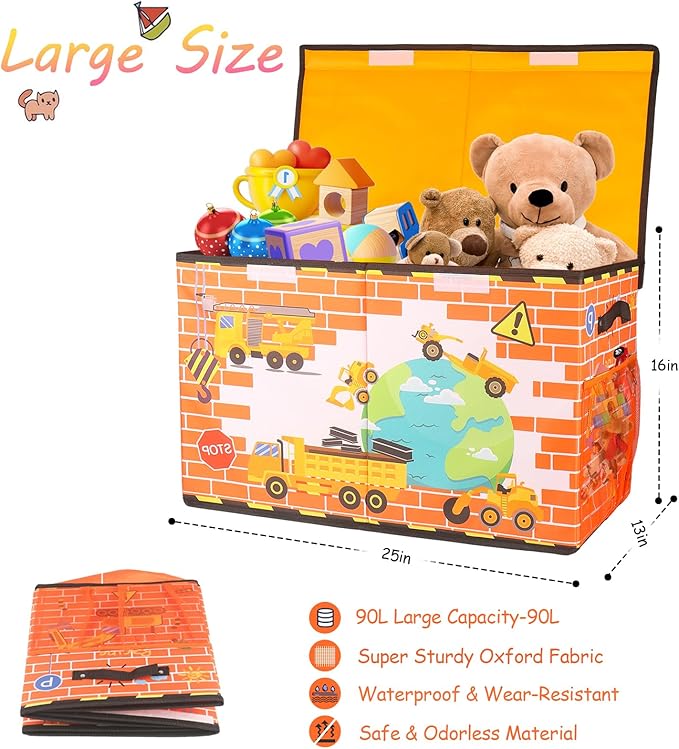 Large Toy Box Chest, Collapsible Sturdy Toy Storage Organizer for Kids, Boys, Girls, 25"x13"x16" Toy Chest Storage Bins with Lids Toy Bins Baskets Boxes for Living Room, Playroom, Nursery, Orange - LeafyLoom