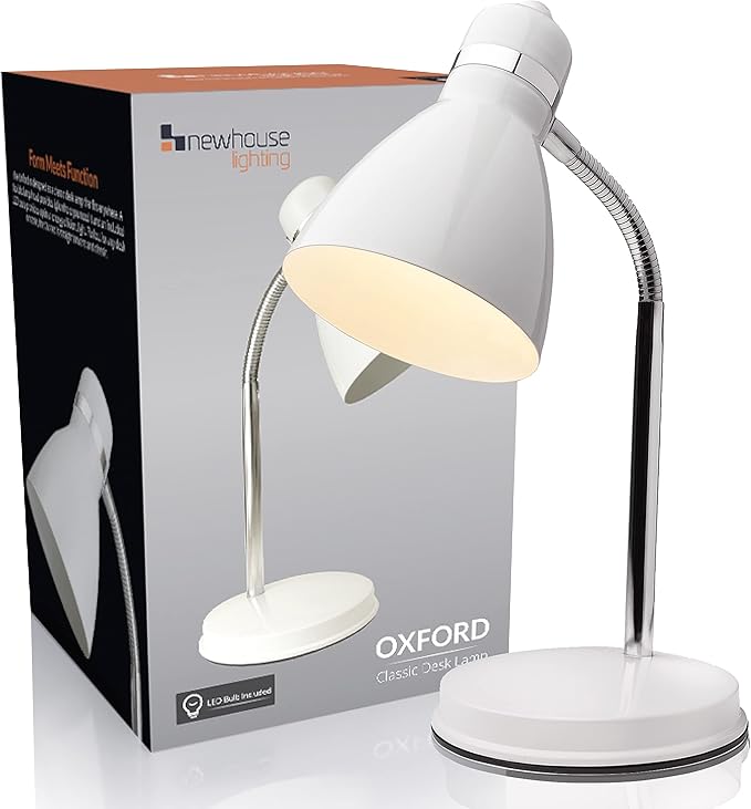 Newhouse Lighting Oxford White Metal Flexible LED Goose Neck Lamp for Desk or Table with 1 Free 6-Watt LED Bulb Included - LeafyLoom