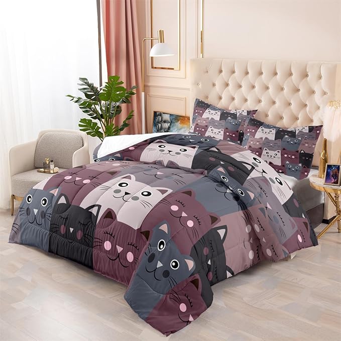 Cat Comforter Set Full Size - 3Pcs Grey Cat Bedding Set for Boys Girls Teens Cute Animals Themed Bedding Set Warm Ultra Soft Cartoon Cat Quilt Cover with 2 Pillowcases for Kids Room Decor - LeafyLoom