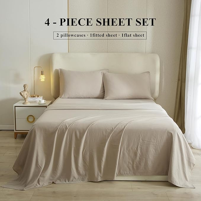 HighBuy Beige Full Size Sheet Set Extra Soft Deep Pocket Sheets Set,4 Piece Bed Fitted Sheets Fit 16 Mattress,Wrinkle,Fade,Stain Resistant Cooling Bed Sheets,Fitted Sheets,Pillowcases Set (Full,Beige) - LeafyLoom