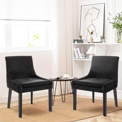 COLAMY Modern Dining Chairs Set of 2, Upholstered Corduroy Accent Side Leisure Chairs with Mid Back and Wood Legs for Living Room/Dining Room-Black - LeafyLoom