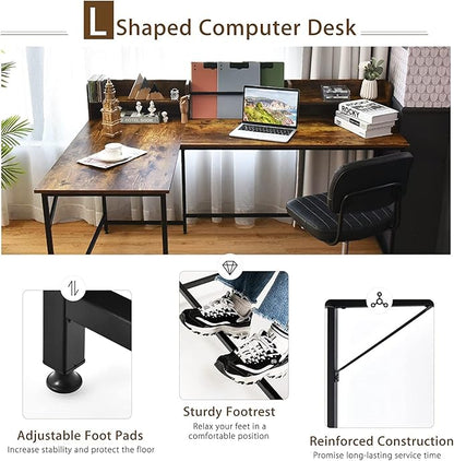 LUARANE 65.5 Inches L-Shaped Desk, Industrial Computer Desk with Hutch File Rack, Space Saving Corner Desk with Metal Frame, Computer Workstation for Home Office (Coffee) - LeafyLoom