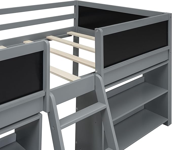 Twin Size Low loft Bed with Movable Shelves for Kids,Kids Low Loft Bed Frame with Guardrail Chalkboard and Storage,Solid Wood Loft Bed Twin for Boys,Girls(Gray) - LeafyLoom