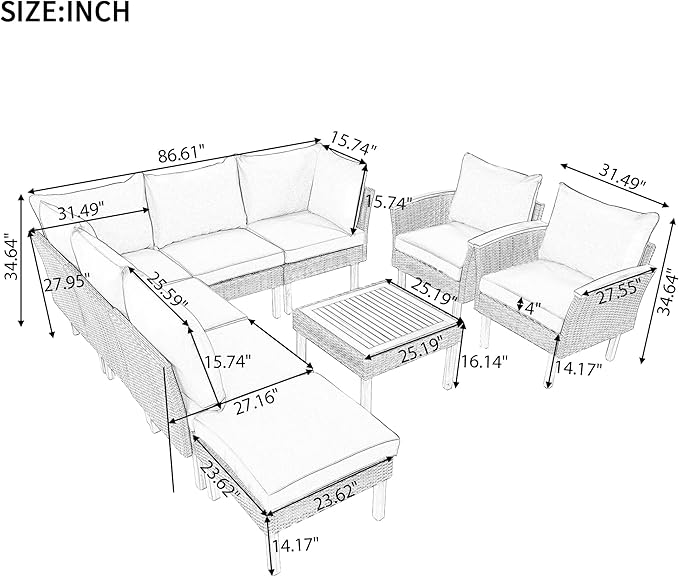 Merax Outdoor Patio Furniture Sets, Free Combination Wicker Sofa, 9-Piece, Rattan w/Wood Tabletop & Legs, Beige - LeafyLoom