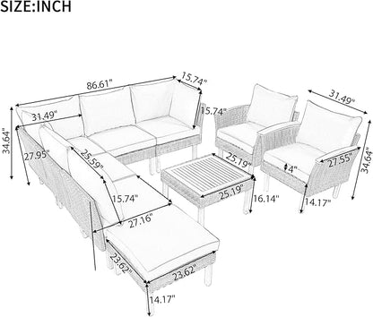 Merax Outdoor Patio Furniture Sets, Free Combination Wicker Sofa, 9-Piece, Rattan w/Wood Tabletop & Legs, Beige - LeafyLoom