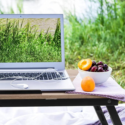 Bamboo Laptop Desk Bed Tray Table Adjustable Table for Computer Tilting Top Foldable Leg with Drawer - LeafyLoom