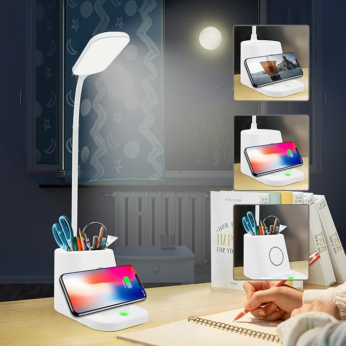 LED Desk Lamp with Wireless Charger and Organizer,Home Office Touch Reading Lamp with Pen Holder/Storage,Stepless Dimming 3 Color Modes,360°Flexible Gooseneck Eye Caring Desk Light-Study/College Dorm - LeafyLoom