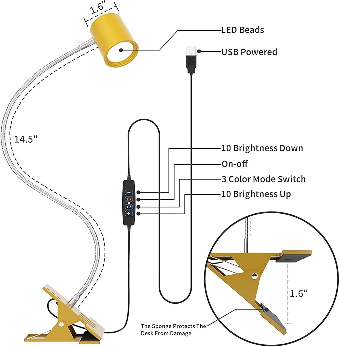 Dott Arts Desk Lamp,USB Clip On Light with 3 Color Modes,LED 10 Levels Brightness Reading Lamp, 360° Gooseneck Book Light,Eye-Care Reading Light for Home Office,Headboards Gold - LeafyLoom