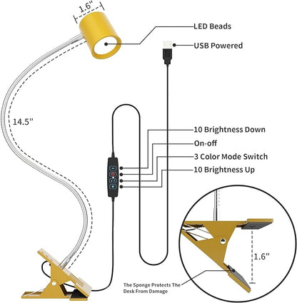 Dott Arts Desk Lamp,USB Clip On Light with 3 Color Modes,LED 10 Levels Brightness Reading Lamp, 360° Gooseneck Book Light,Eye-Care Reading Light for Home Office,Headboards Gold - LeafyLoom