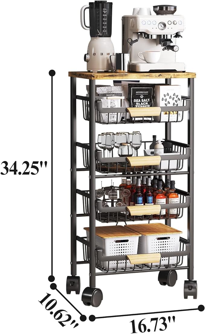 Wisdom Star 5 Tier Fruit Basket for Kitchen, Vegetable Storage Cart with Wooden Tabletop, Vegetable Basket Bins for Onions and Potatoes, Wire Storage Basket Organizer Utility Cart with Wheels, Black - LeafyLoom