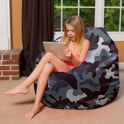 Posh Creations Bean Bag Chair for Kids, Teens, and Adults Includes Removable and Machine Washable Cover, Soft Nylon - Camo Dark and Black Gray, 48in - X-Large - LeafyLoom