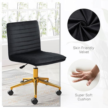 Furniliving Home Office Chair, Armless Vanity Chair with Wheels Swivel Velvet Computer Rolling Desk Chair with Back, Adjustable Accent Chair with Gold Metal Base Stool Chair,Black - LeafyLoom