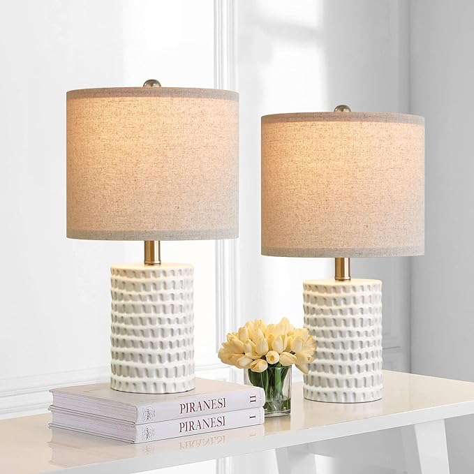 PORTRES 18.25" Modern Accent Ceramic Table Lamp Set of 2 for Bedroom White Desk Decor Bedside Lamps for Living Room Study Room Office Dorm Farmhouse Nightstand Lamp End Table Lamps - LeafyLoom