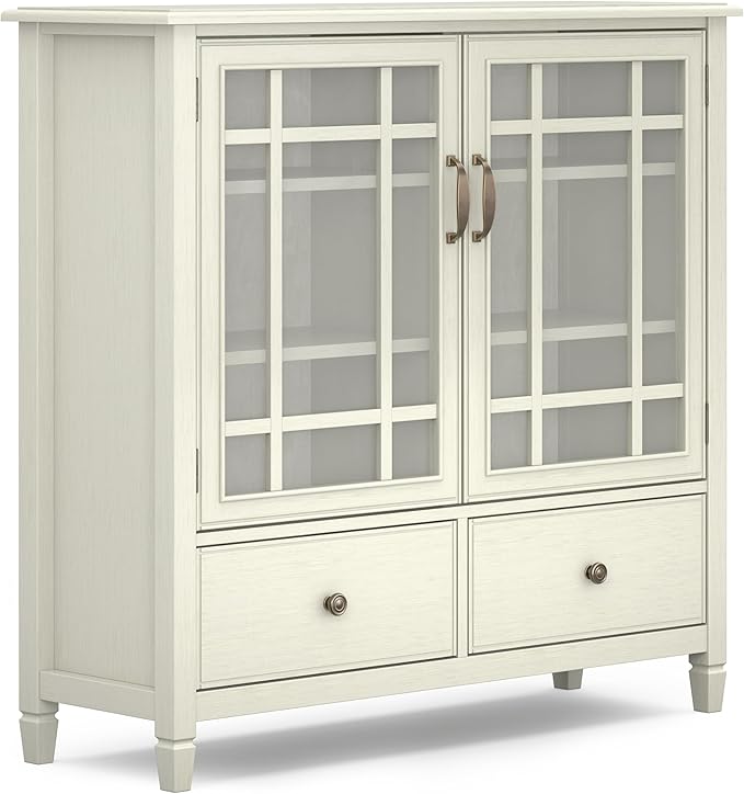 SIMPLIHOME Connaught Low Storage Cabinet, 46 inch, Antique White - LeafyLoom