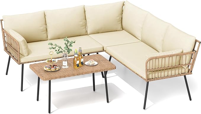 DWVO 4 Pieces Patio Furniture Set, Outdoor Rattan Woven Patio Conversation Set Sectional L-Shaped Sofa with 5 Seater for Backyard, Porch, Boho Detachable Lounger with Cushions and Side Table (Beige) - LeafyLoom