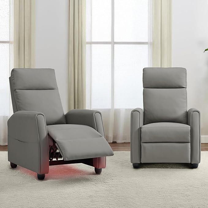 Recliner Chair for Adults PU Leather Push Back Armchair with 4 Colors Ambient Lighting Home Theater Seating with Massage & Heat Vibration Single Sofa for Living Room, Gray - LeafyLoom