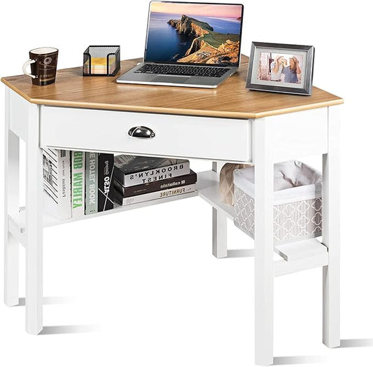 Corner Desk, Natural & White - LeafyLoom