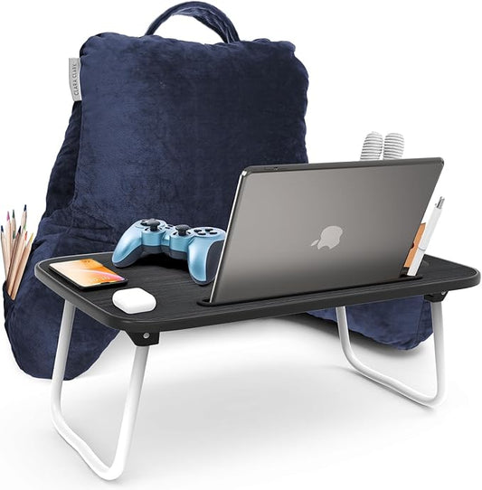 Clara Clark Reading Pillow with Portable Lap Desk Set for Kids, Back Pillow for Sitting Up in Bed, Memory Foam Back Support Pillow, Bed Rest Pillow with Foldable Laptop Desk, Small - Navy Blue - LeafyLoom