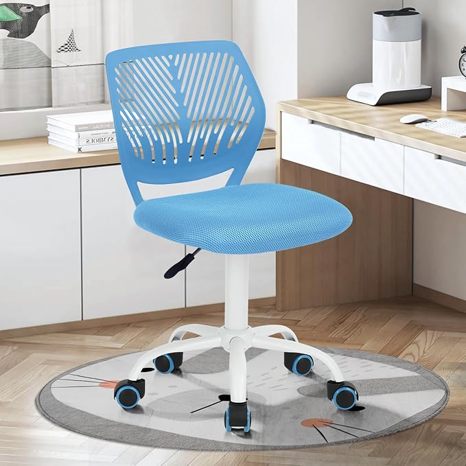 FurnitureR Desk Chair Small Study Chairs Armless for Child Kids Teens, Swivel Rolling Lightweight Task Chair with Wheels and Mesh Padded Cushion, Blue - LeafyLoom