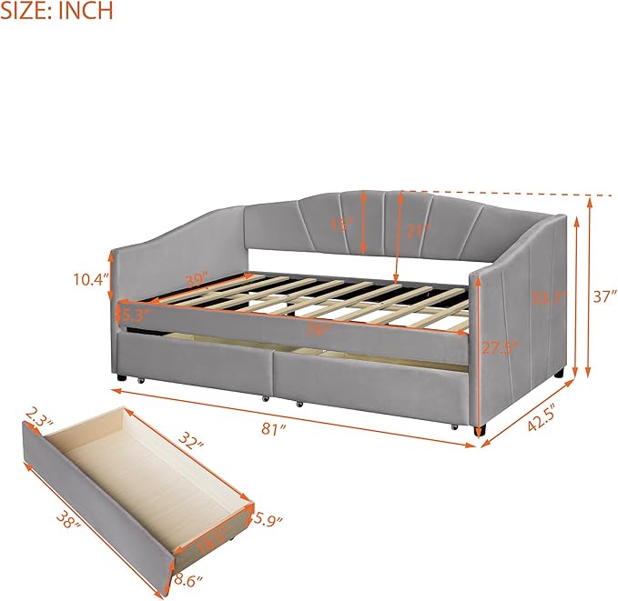 Twin Size Upholstered Daybed with Two Drawers, Wood Slat Support Sofa Bed with Armrest, No Box Spring Needed, Easy to Assemble, for Studio, Bedroom, Living, Guest Room, Gray - LeafyLoom