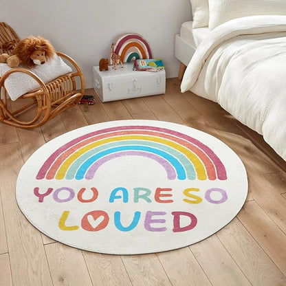 Topotdor Rainbow Round Rug for Girls Bedroom,Colorful Boho Decor Nursery Area Rug,Ultra Soft Machine Washable Kids Play Mat,63" Round - LeafyLoom