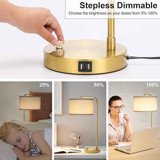 Fully Dimmable Bedside Lamp with Dual USB Ports, Mordern Gold Nightstand Lamp Desk Reading Lamp with Beige Drum Shade, Tall Side Table Lamp for Living Room Bedroom Office, 9W LED Bulb Included - LeafyLoom