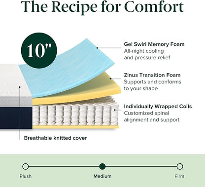 ZINUS 10 Inch Cooling Comfort Hybrid Mattress [New Version], Full, Fiberglass free, Medium Firm Feel, Motion Isolation, Certified Safe Foams & Fabric, Mattress in A Box - LeafyLoom