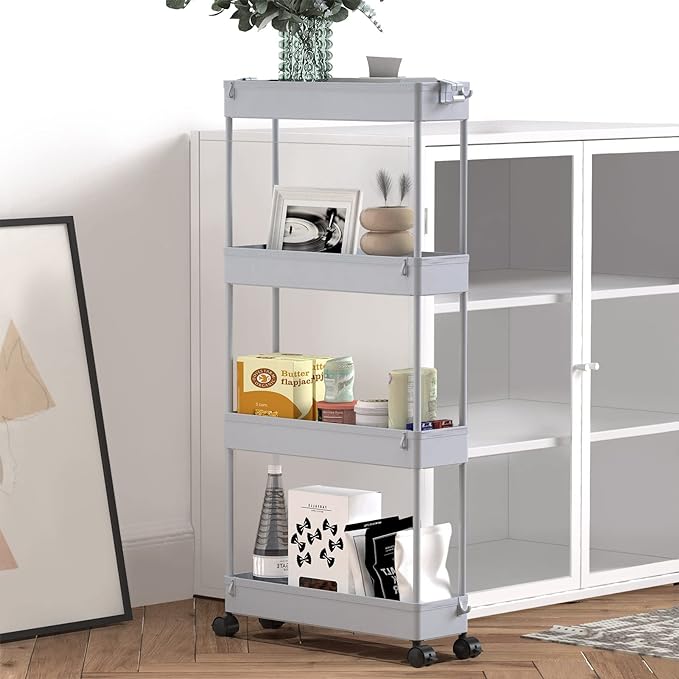 SPACELEAD Slim Storage Cart 4 Tier,Bathroom Storage Organizer Rolling Utility Cart, Mobile Shelving Unit Slide Out Storage Cart for Office, Bathroom, Kitchen, Laundry Room & Narrow Places， Grey - LeafyLoom