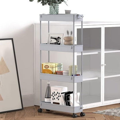 SPACELEAD Slim Storage Cart 4 Tier,Bathroom Storage Organizer Rolling Utility Cart, Mobile Shelving Unit Slide Out Storage Cart for Office, Bathroom, Kitchen, Laundry Room & Narrow Places， Grey - LeafyLoom