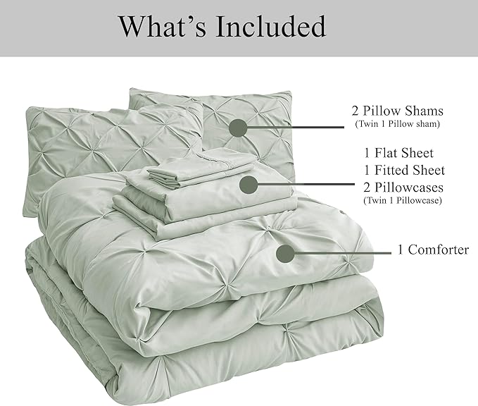 LANE LINEN Twin Comforter Set, 5 Piece Twin Bedding Sets, Ultra Soft Pintuck Twin Bed in a Bag Set with Down Alternative Comforter, Sheets, Pillowcase & Sham, Pinch Pleated Kids Bedding Set - Mineral - LeafyLoom