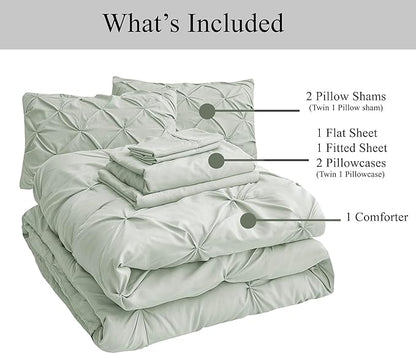 LANE LINEN Twin Comforter Set, 5 Piece Twin Bedding Sets, Ultra Soft Pintuck Twin Bed in a Bag Set with Down Alternative Comforter, Sheets, Pillowcase & Sham, Pinch Pleated Kids Bedding Set - Mineral - LeafyLoom