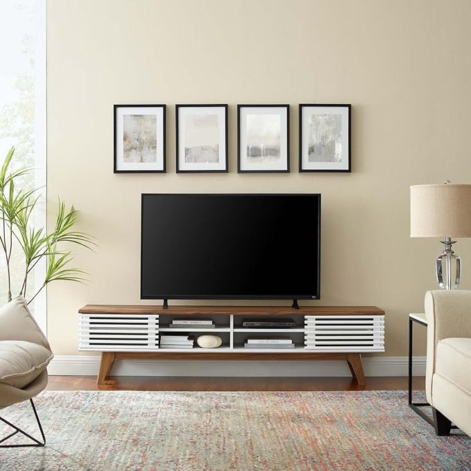 Modway Render Mid-Century Modern Low Profile 70 Inch Media Console TV Stand in Walnut White, 70" - LeafyLoom