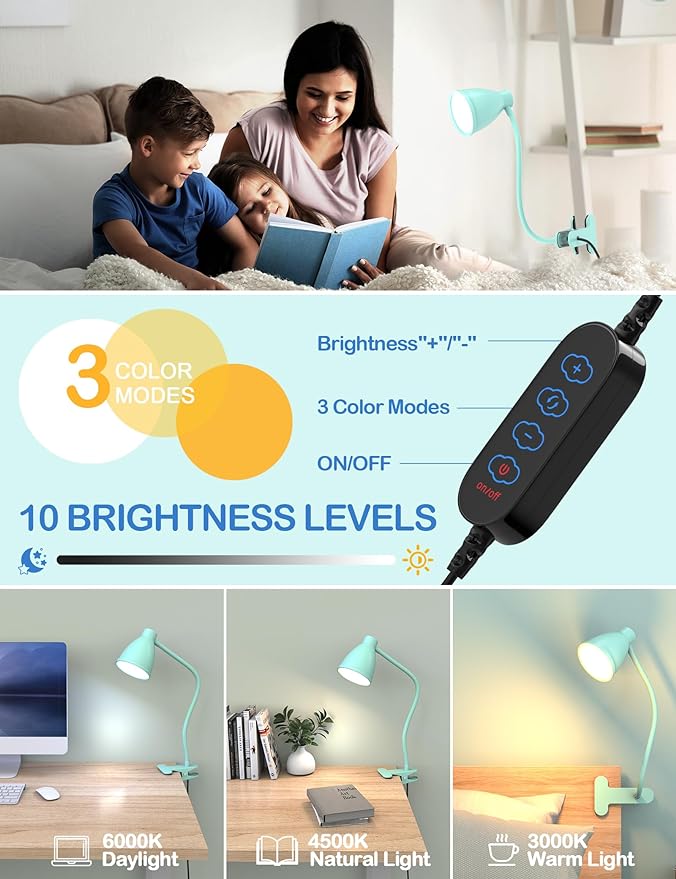 BOHON Desk Lamp with Clamp, 10W 38 LED Clip on Light, 3 Color 10 Brightness Auto Off Timer, Flexible Gooseneck Clip Lamp, Desk Lights for Office Home Bed Bedside Reading, Adapter Include, Teal - LeafyLoom