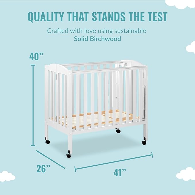 3 in 1 Portable Folding Stationary Side Crib in White, Greenguard Gold & Sunset 3” Extra Firm Fiber Crib Mattress, Greenguard Gold Certified, Waterproof Vinyl Cover - LeafyLoom