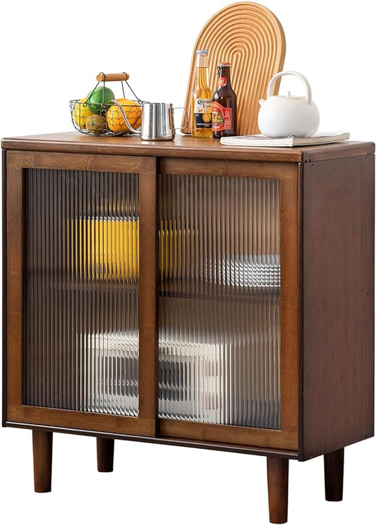 Tiita Bamboo Sideboard Buffet Cabinet, Rattan Kitchen Storage Cabinet, Boho Coffee Bar Tables for Kitchen Living Room Hallway Office, Walnut - LeafyLoom