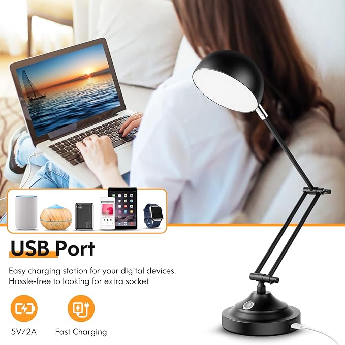 Touch Control LED Desk Lamp with USB Charging Port, Architect Black Metal Lamp with Adjustable Swing Arm, Dimmable Modern Table Lamp for Home Office Reading Study, 3000K/4000K/5000K 3 Color Modes - LeafyLoom