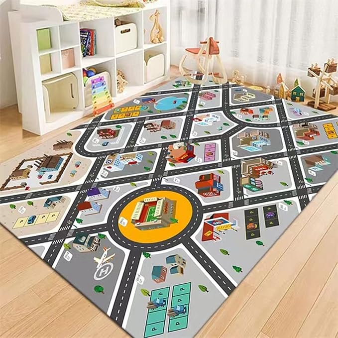 Kids Rug Play Mat Great for Playing with Cars and Toys,Educational Kid Road and Traffic City Life Carpet,Children Baby Fun Throw Rug for Bedroom Play Room,47X63Inch/120X160CM - LeafyLoom