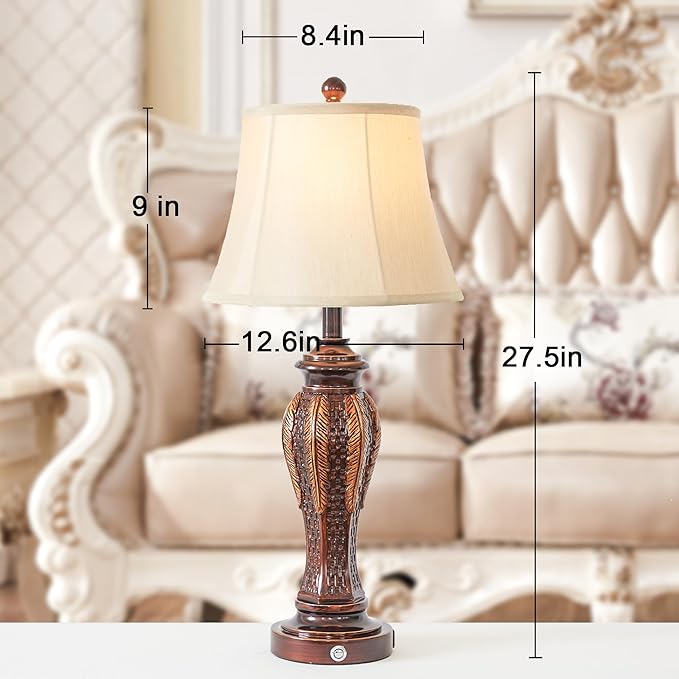 27.5''Tall Bedroom Lamps Set of 2,Rustic Farmhouse Table Lamps for Living Room,3-Way Dimmable Touch Bedside Lamps with 2-USB Charging Ports for Nightstand (Retro Bronze) - LeafyLoom