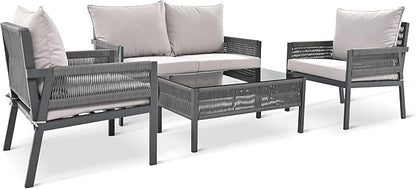 4-Piece Patio Conversation Furniture Set, Rope Weave Outdoor Loveseat Sofa with 2 Armchairs, Thick Cushion&Tempered Glass Table, for Garden Backyard, Onesize, Gray - LeafyLoom