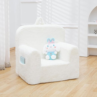 Snuggly-Soft Cuddly Toddler Plush Armchair for Boys and Girls Fuzzy Plush Kids Sofa Couch Reading Chair with Children Friendly Handle for Easy Movement & Double Pockets for Good Storage, Cream - LeafyLoom