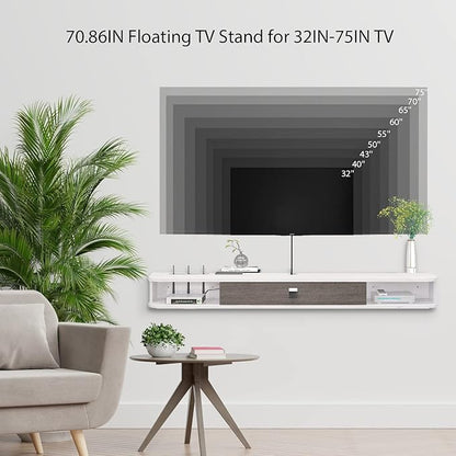 Floating TV Unit, 71'' Wall Mounted TV Cabinet, Floating Shelves with Door, Modern Entertainment Media Console Center Large Storage TV Bench for Living Room & Office (70.86IN, Grey White) - LeafyLoom