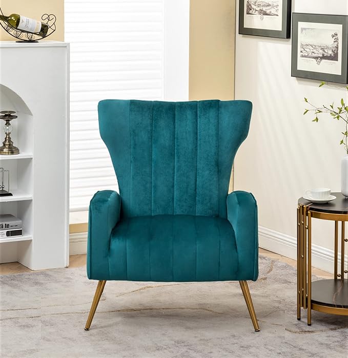 Armchair Modern Velvet Accent Chair, Channel Tufted Bedroom, Office or Living Room Furniture with Elegant Metal Legs, Blueish Green - LeafyLoom