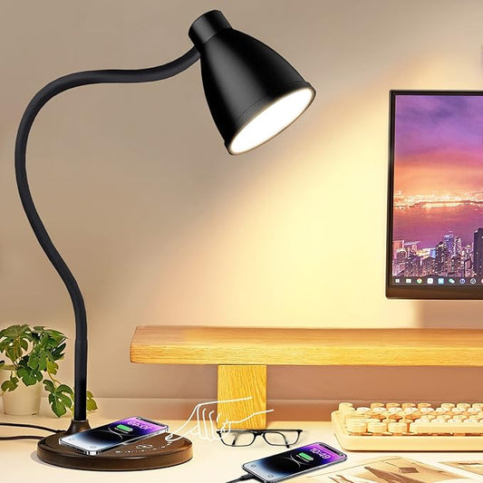 Desk Lamp with USB Charging Port Table Lamp Wireless Charger Dimmable Dorm Lamp 5 Colors 7 Brightness Levels Touch Bedside Table Lamps Gooseneck Reading Light for Home Office - LeafyLoom