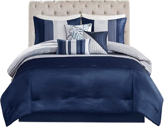 Madison Park Amherst Faux Silk Comforter Set-Casual Contemporary Design All Season Down Alternative Bedding, Matching Shams, Bedskirt, Decorative Pillows, King(104"x92"), Navy, 7 Piece (MP10-2208) - LeafyLoom