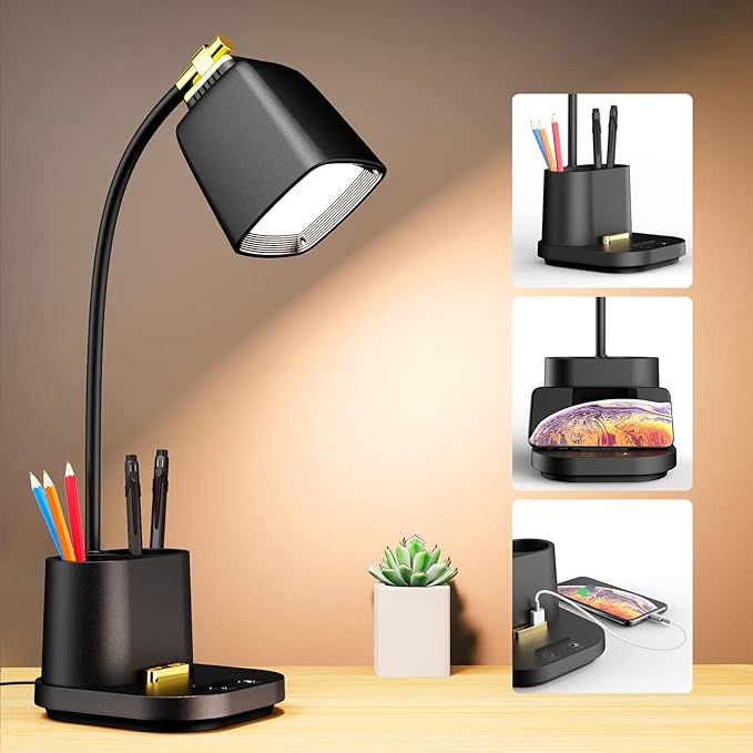 LED Desk Lamp with USB Charging Port Touch control 3 Color Modes, Stepless Dimming, Home office Desk Lamp, LED Small Desk Lamp in University Dormitory, Study Desk Lamp, Gooseneck Lamp - LeafyLoom