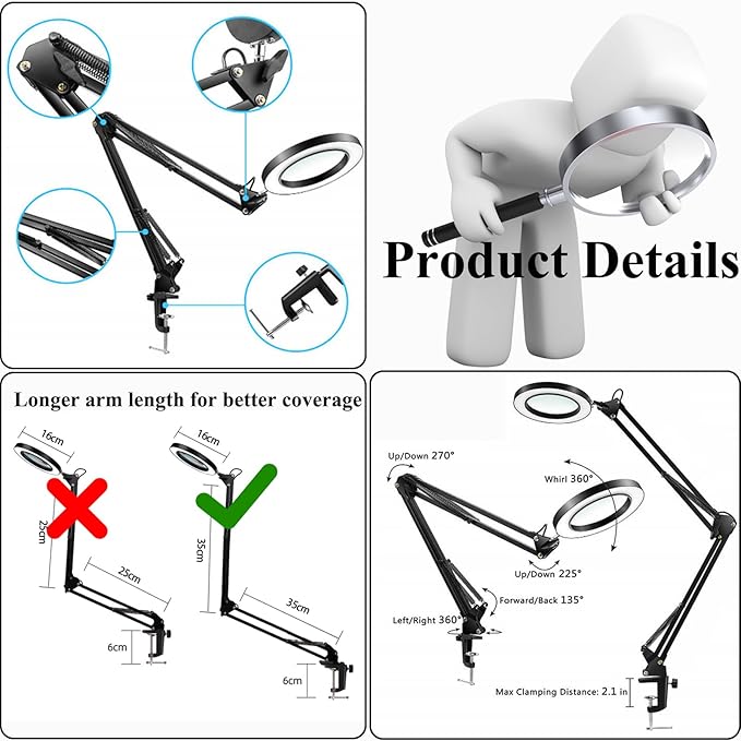 Desk Lamp with Magnifier and 3 Color Modes, 8X Magnification Table Lamp with Flexible Gooseneck and 3 Brightness Levels for Reading, Studying and Crafting - LeafyLoom