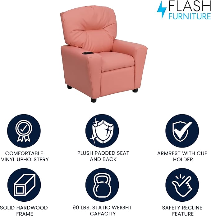 Flash Furniture Chandler Vinyl Kids Recliner with Cup Holder and Safety Recline, Contemporary Reclining Chair for Kids, Supports up to 90 lbs., Pink - LeafyLoom