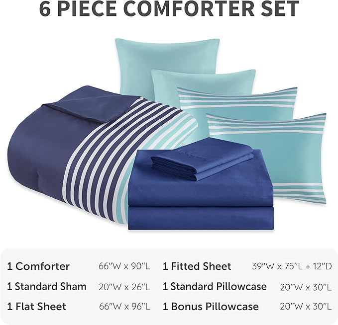 Comfort Spaces Twin Comforter Sets with Sheets - Bed in a Bag 6 Pieces Teen Bedding Sets Twin, Navy and Grey Stripes Bedding Twin, College Twin Bed Set, 2 Side Pockes Bedroom Organizer Twin Navy - LeafyLoom