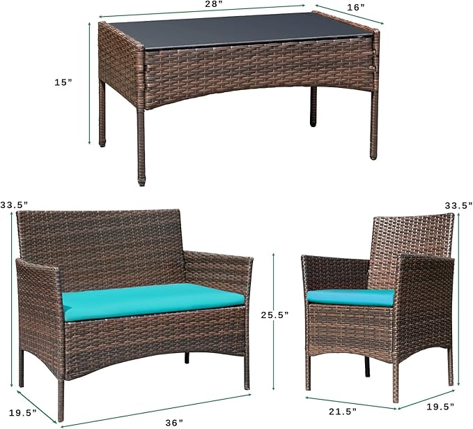 Greesum Patio Furniture 4 Pieces Conversation Sets Outdoor Wicker Rattan Chairs Garden Backyard Balcony Porch Poolside loveseat with Soft Cushion and Glass Table, Brown and Blue - LeafyLoom