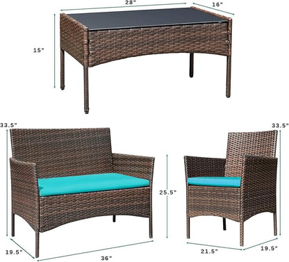 Greesum Patio Furniture 4 Pieces Conversation Sets Outdoor Wicker Rattan Chairs Garden Backyard Balcony Porch Poolside loveseat with Soft Cushion and Glass Table, Brown and Blue - LeafyLoom